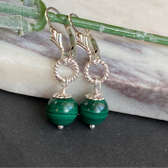 Malachite Earrings Sterling Silver Lever Back natural gemstone - Picture 7 of 11